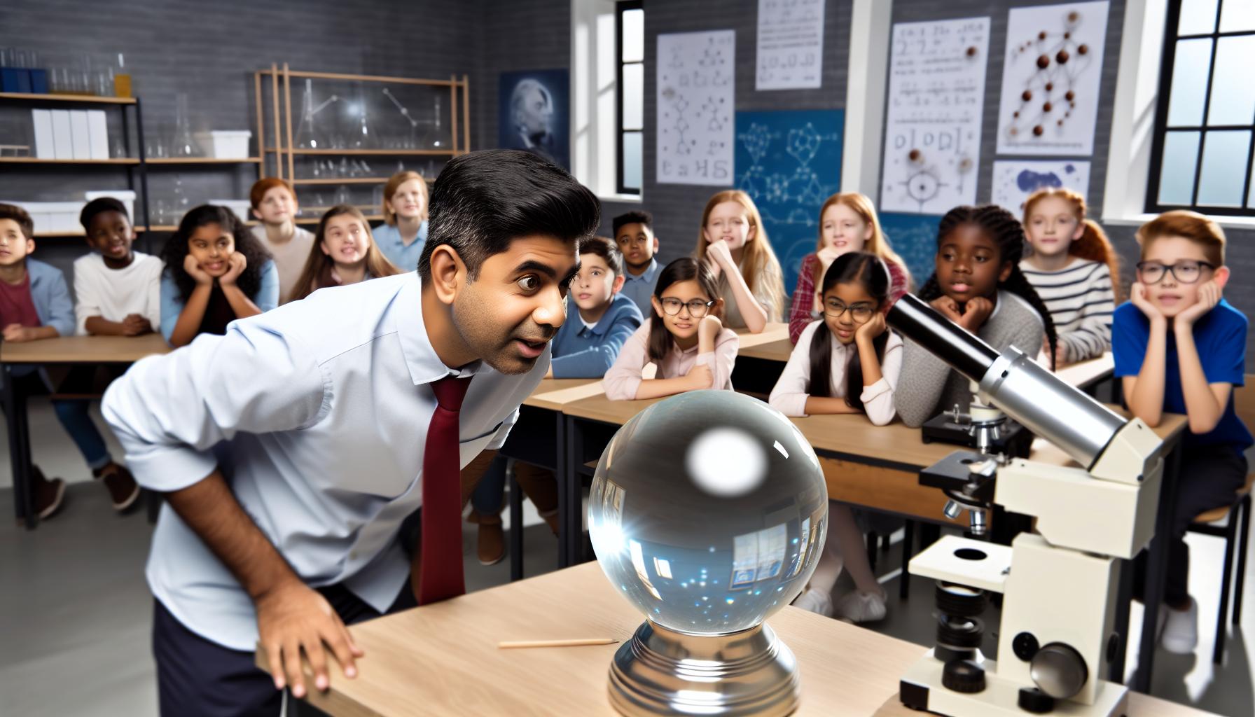 A science classroom with a teacher looking into a crystal ball and pupils watching with interest.