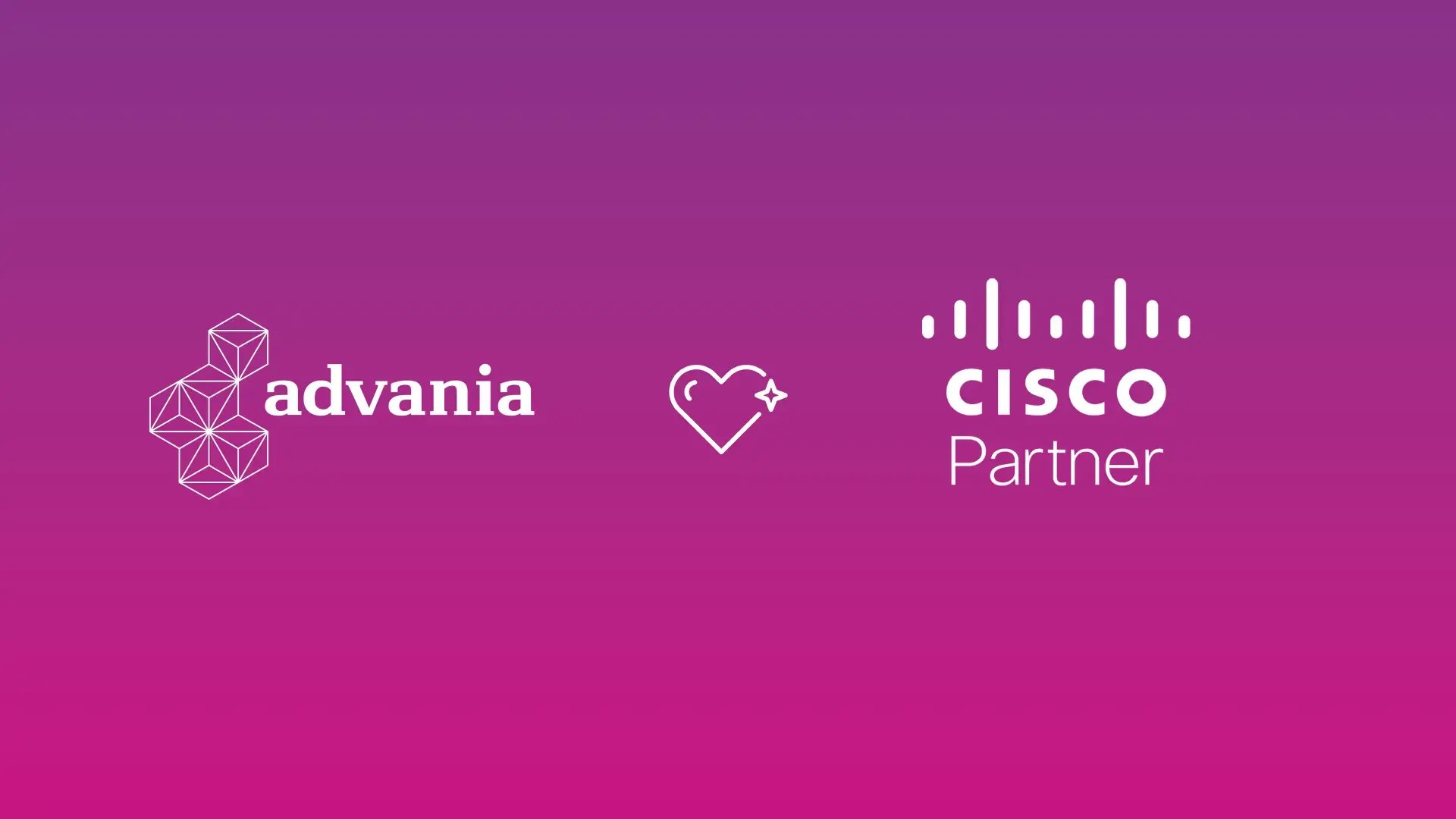 Logotyperna för Advania och Cisco Partner visas sida vid sida mot en lila-rosa bakgrund, med ett hjärtsymbol mellan dem som symbol för partnerskap.