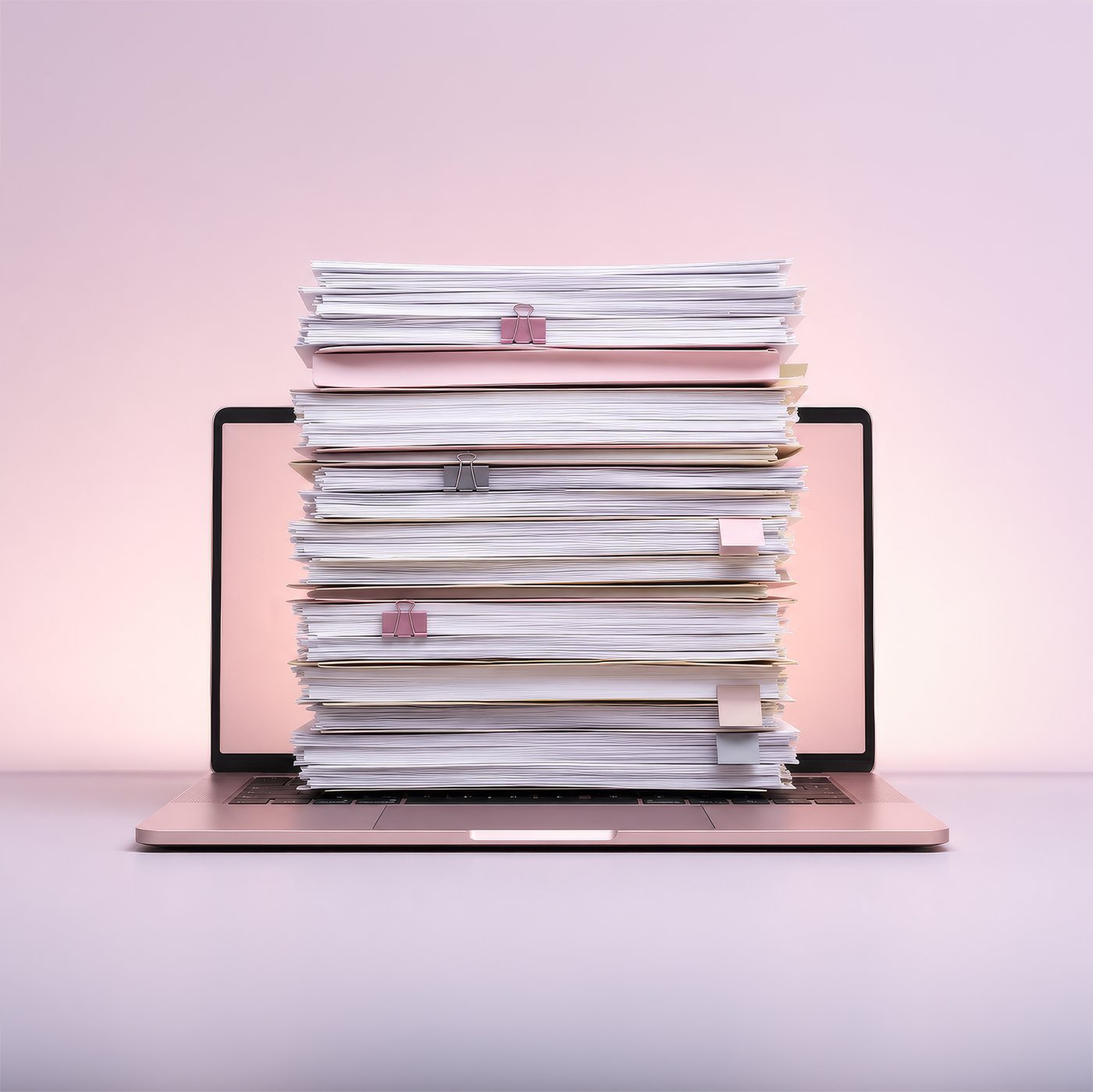 A big pile of compliance paper on a orange-purple background