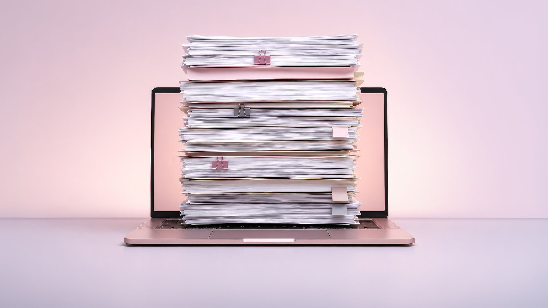 Stack of documents on a laptop.