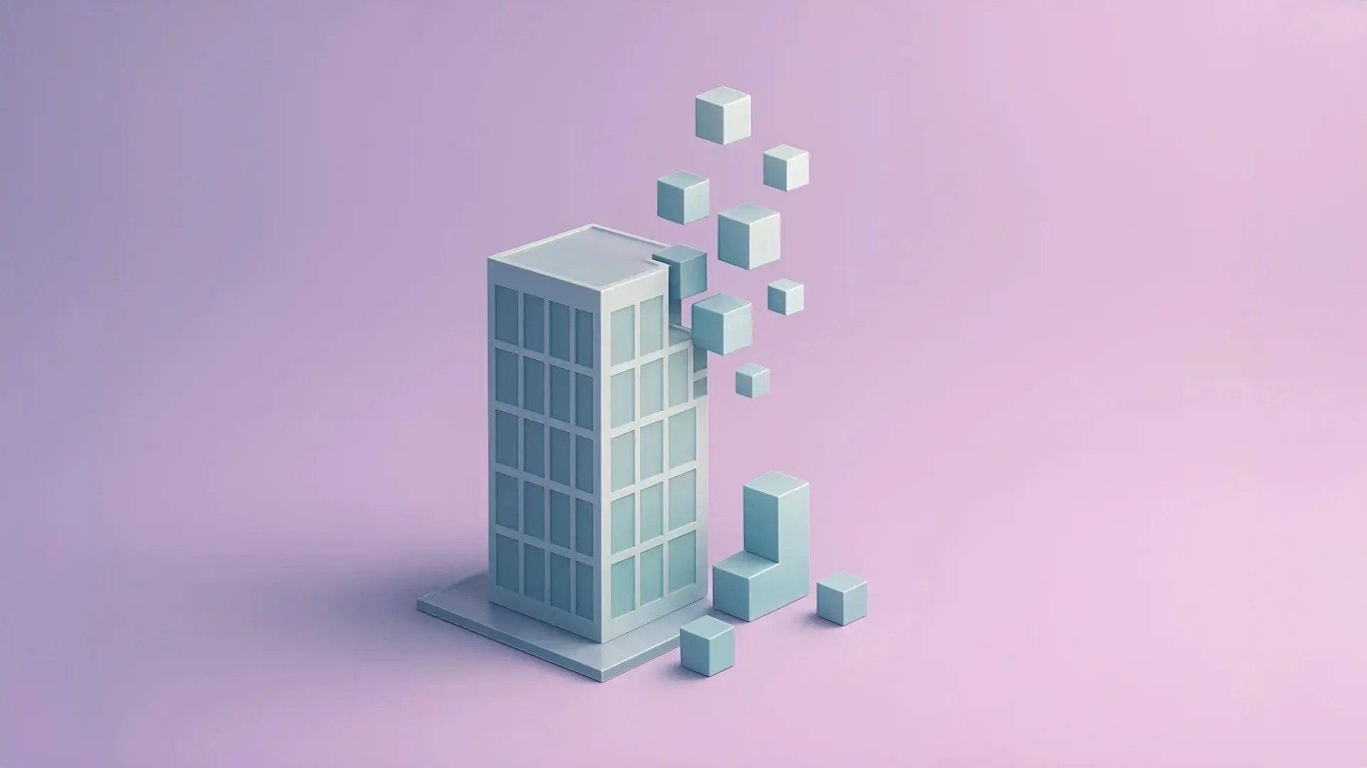 Minimalistisk illustration av en modern byggnad med kuber som svävar ut från fasaden mot en ljuslila bakgrund.