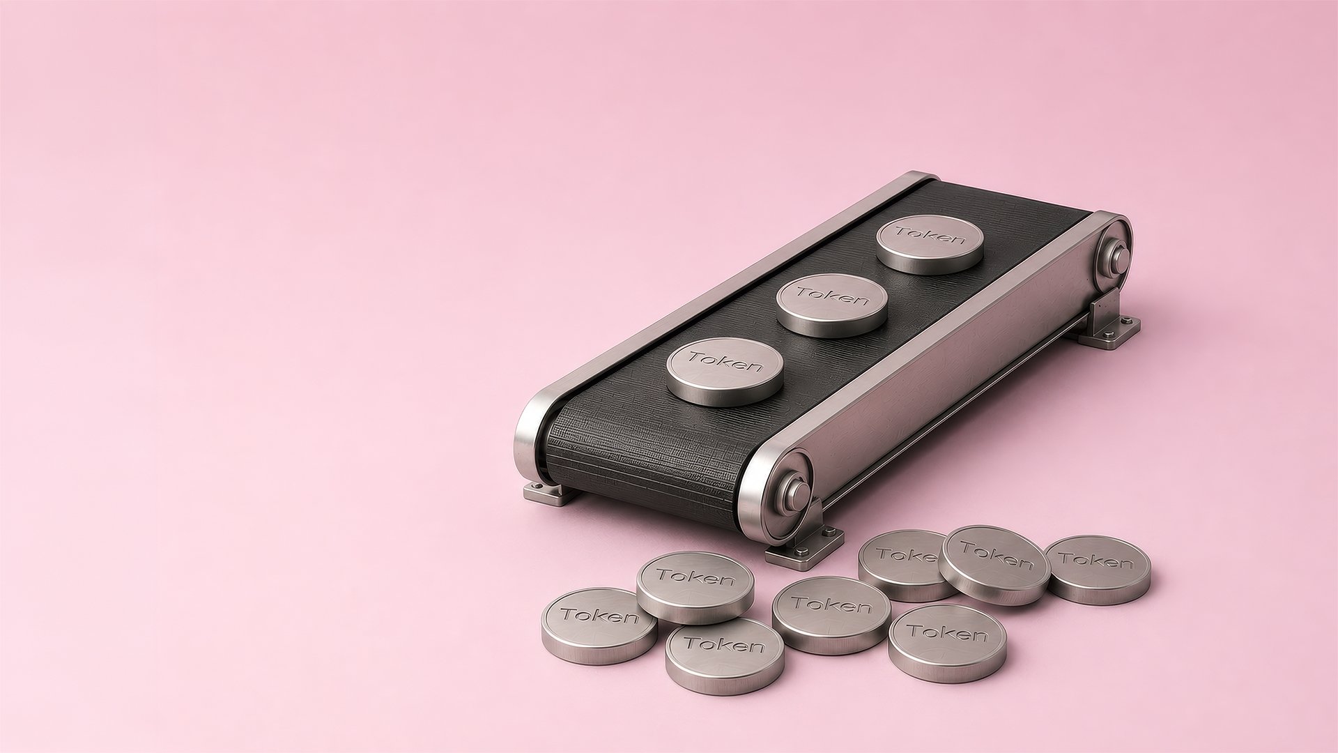 A conveyor belt with tokens against a light pink background