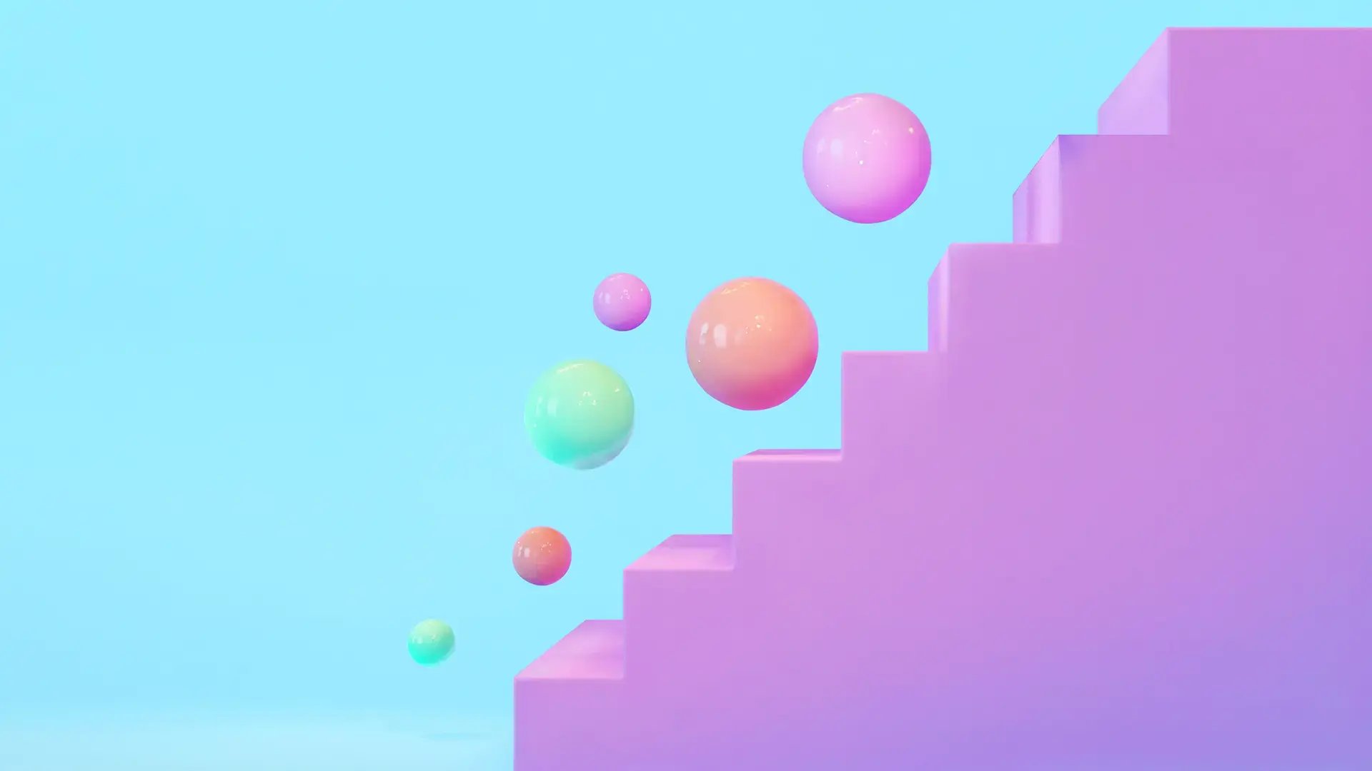 Färgglada klot vid en rosa trappa mot blå bakgrund.